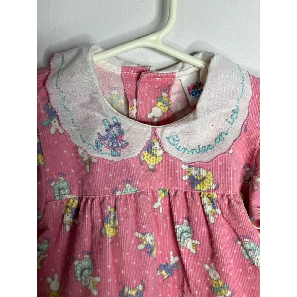 Vintage Osh Kosh Pink Corduroy Baby 12 Months Dress Bunny Bunnies On Ice